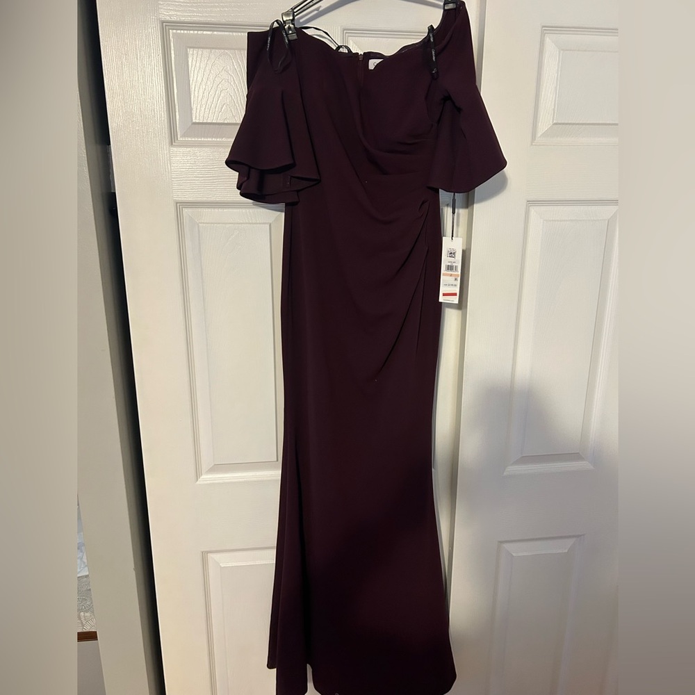 Calvin Klein Off-Shoulder Maxi Dress in Deep Burgundy